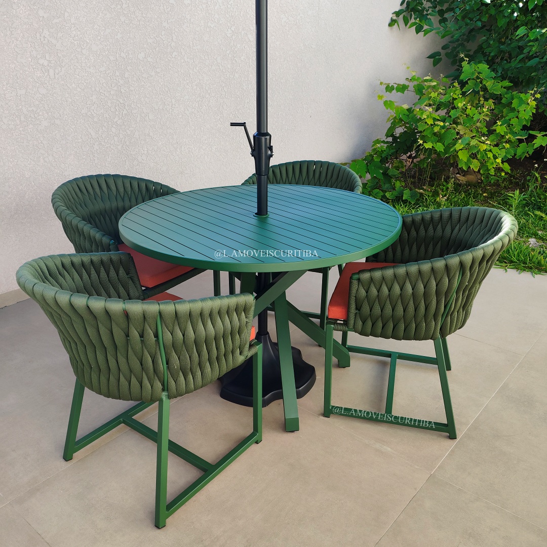 Conjunto de mesa redonda em alumínio verde com quatro cadeiras Duna em tricô náutico